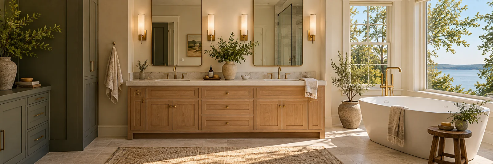 Warm oak vanity and freestanding tub in a light-filled bathroom with a bay view