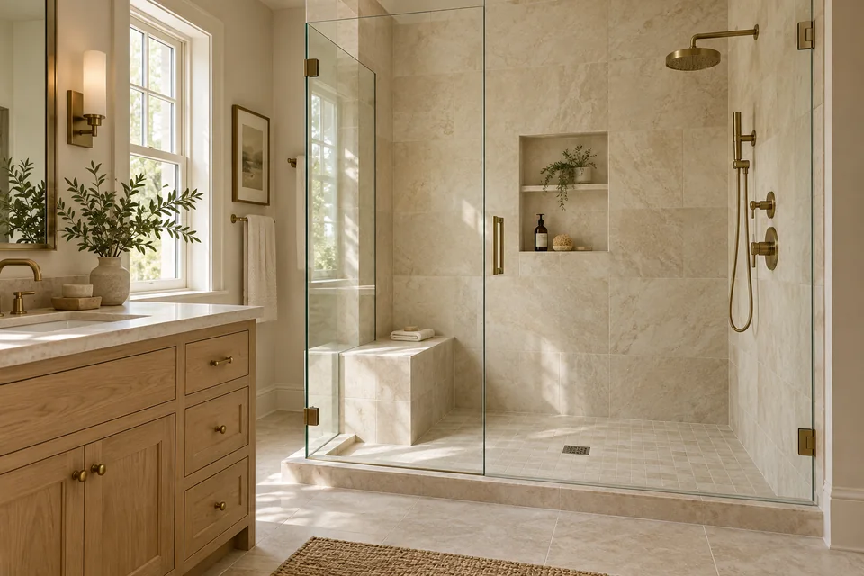 Glass-enclosed shower with warm tile, a recessed niche, a bench, and brass fixtures