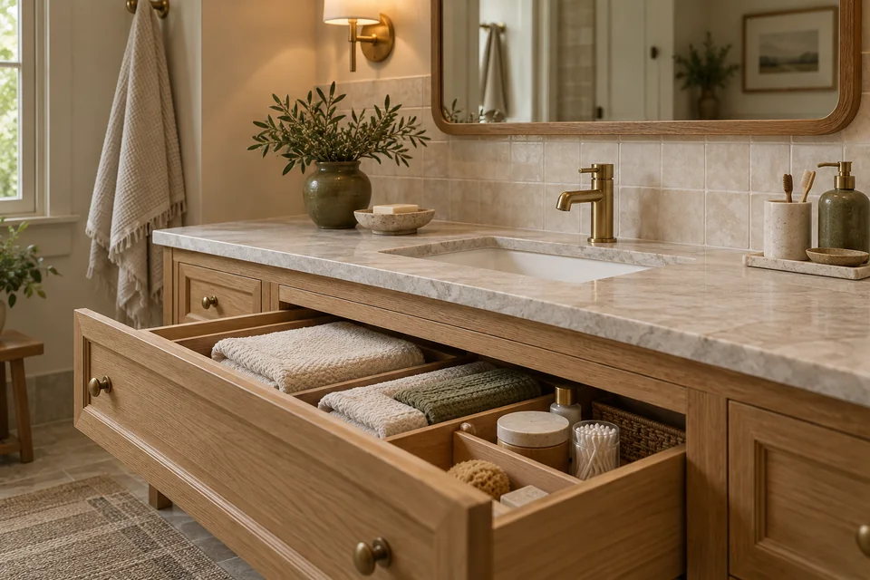 Oak bathroom vanity with organized towel storage, pale stone countertop, and a brass faucet