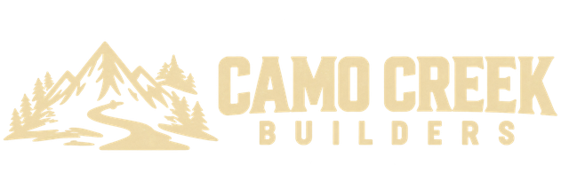 Camo Creek Builders — mountain, pine trees, and winding creek