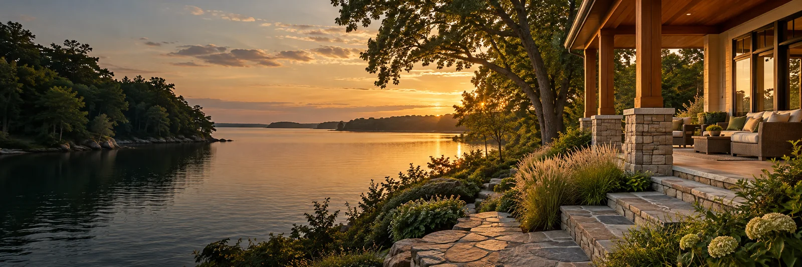 Timber veranda and stone terrace beside the Chesapeake Bay in warm afternoon light