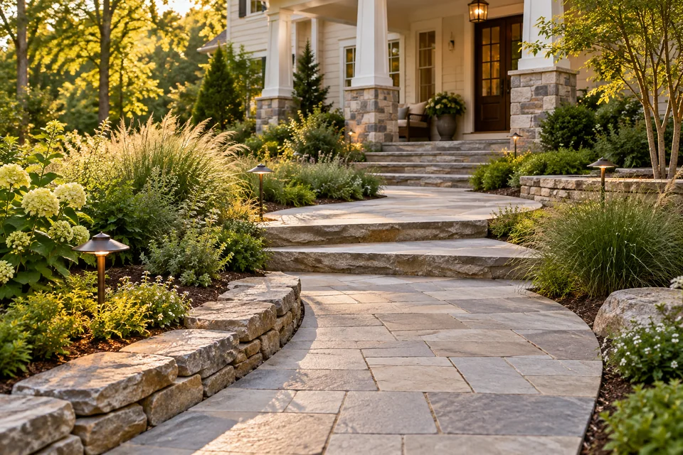 Curving stone paver walkway and broad entry steps framed by ornamental grasses
