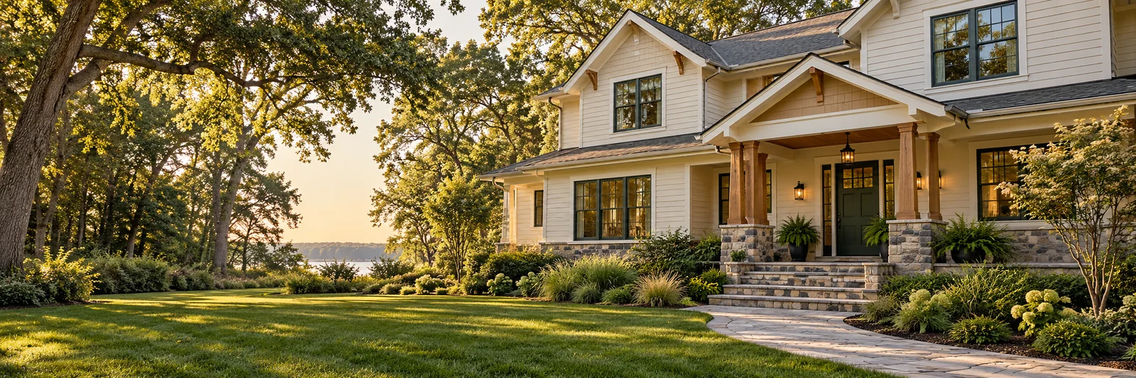 Cream-sided Maryland home with a timber porch, stone steps, and a welcoming garden path