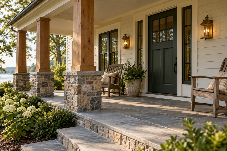 Timber porch posts, stone piers, and a green front door beside a pair of wooden chairs