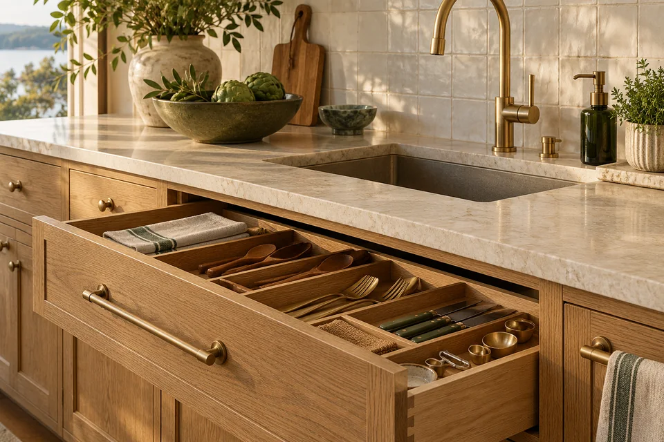 Oak kitchen cabinetry with organized drawer storage, pale stone counters, and a brass faucet