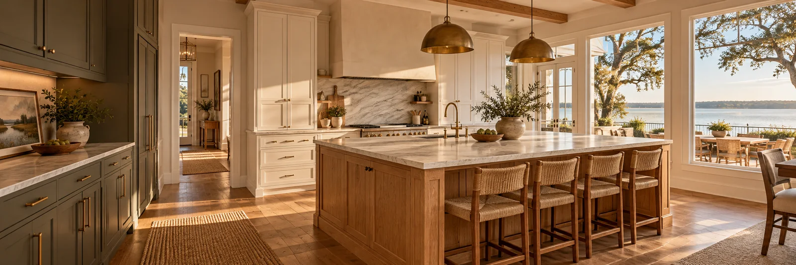 Warm oak island and cream cabinetry in a kitchen overlooking the bay