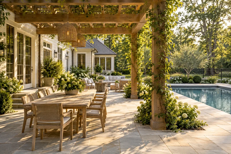 Timber pergola sheltering a poolside dining area on a stone terrace
