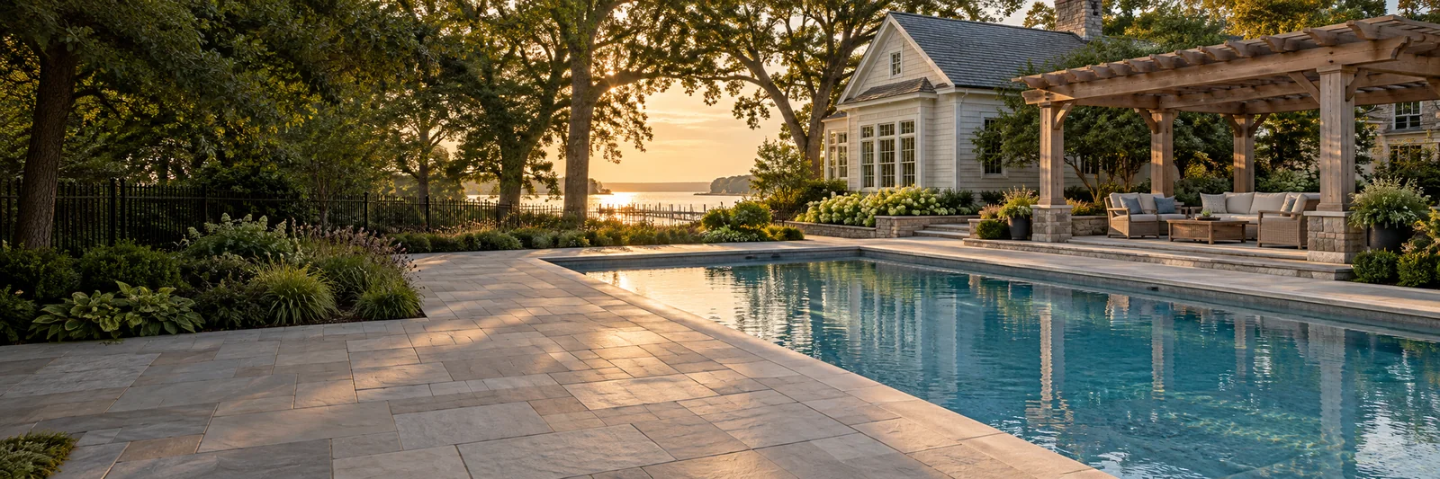 Residential pool with natural stone terrace, timber pergola, and mature green landscaping