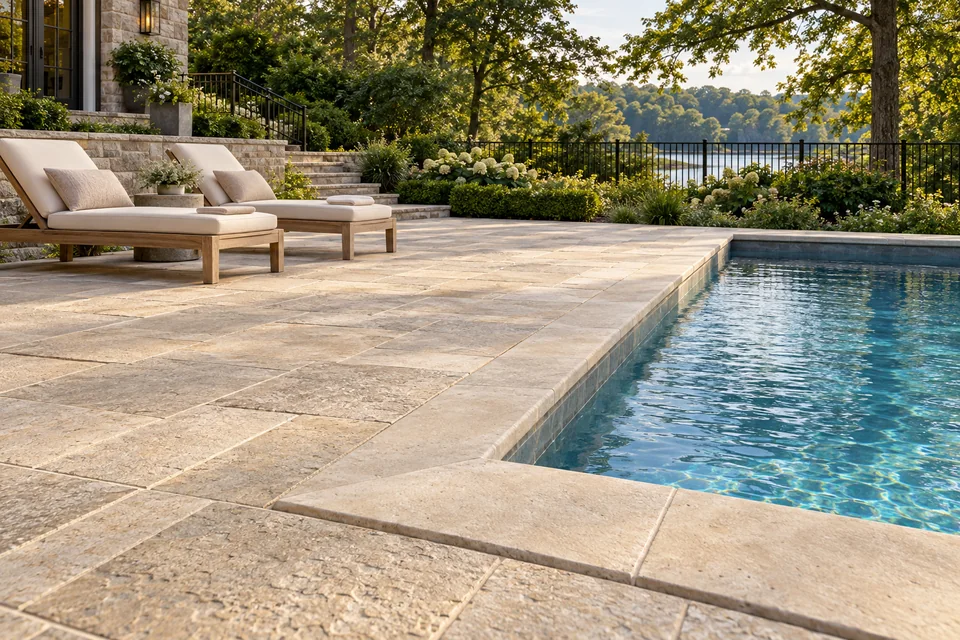 Pale stone pool coping and patio with teak loungers and cream cushions