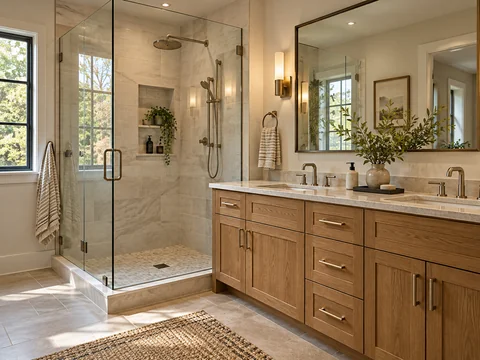 bathroom with glass shower, oak vanity, and stone finishes