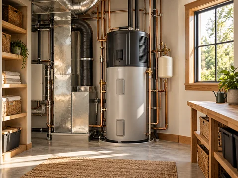 home utility space with heat pump water heater and orderly pipework