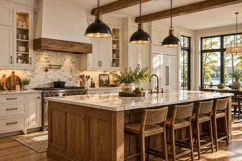 kitchen with stone island, warm cabinetry, and pendant lights