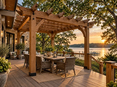 timber deck and pergola with outdoor dining beside the water