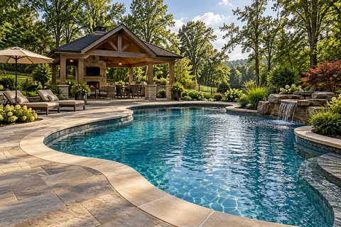 pool with natural stone patio and green landscaping
