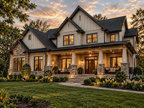 two-story home with stone porch, warm siding, and mature landscaping