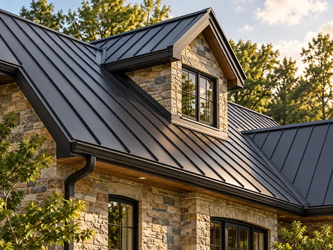 standing-seam roof with dormer and stone exterior details