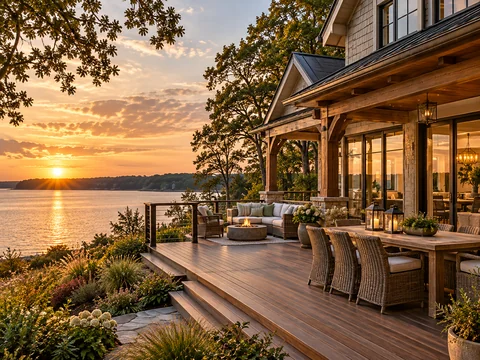 waterfront home and deck overlooking a peaceful inlet at sunset