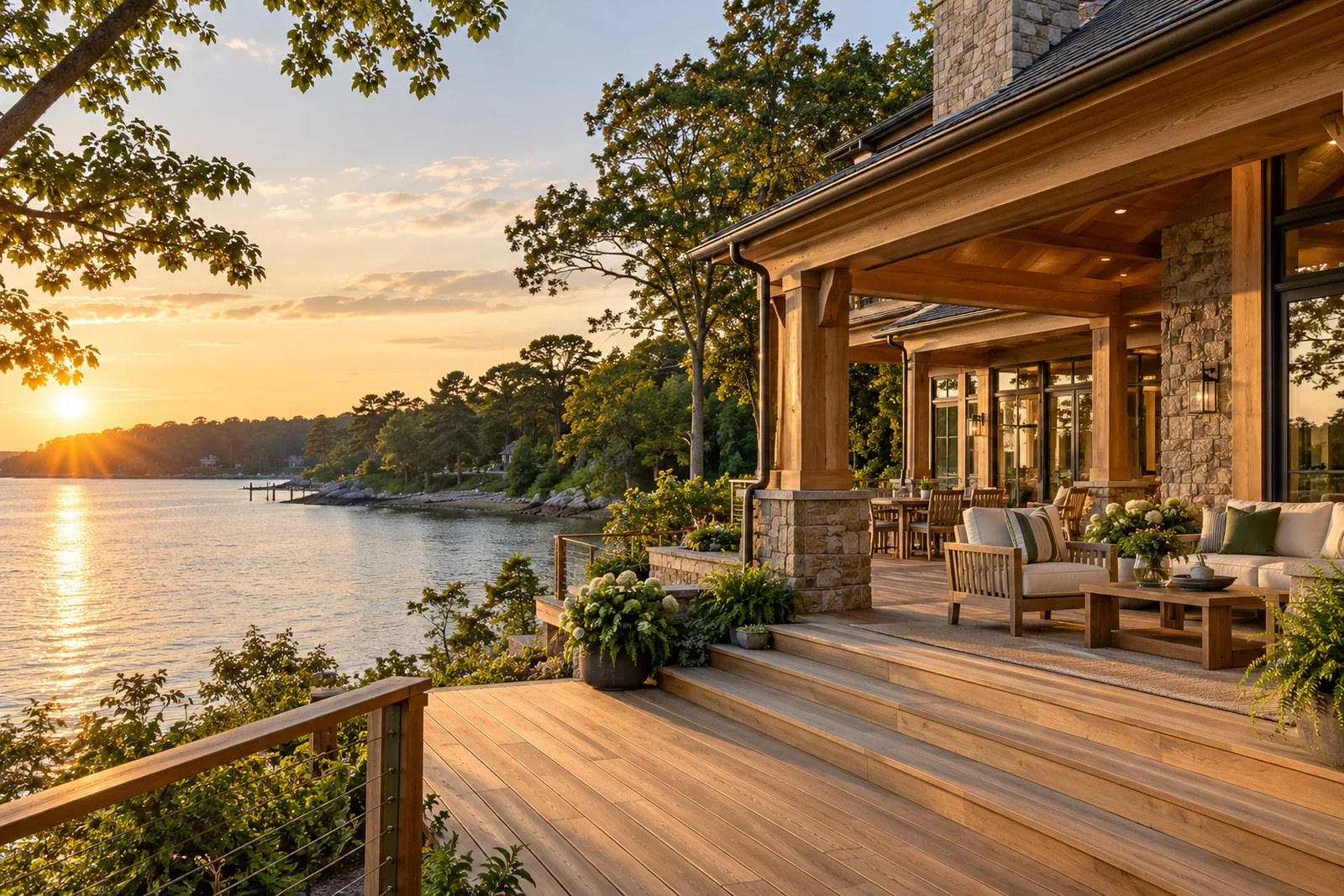 A peaceful inlet framed by a waterfront home's outdoor living area