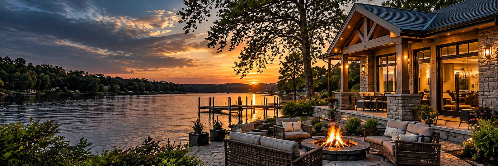 waterfront home with timber beams, stone porch, and a fire-pit patio overlooking the water at sunset